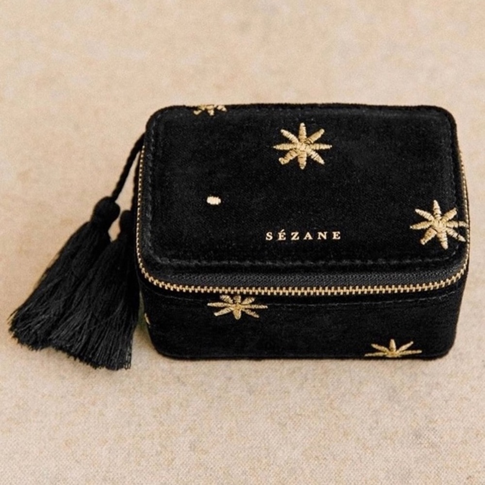 Sezane Jewelry Case in Black Velvet Stars w/ Gold Stars
